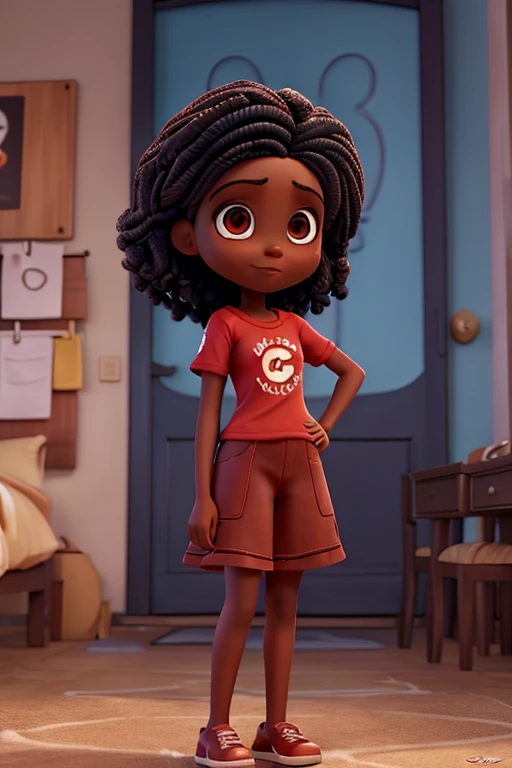 morena clara ,cabelos preto e longo, olhos preto,blusa vermelha,calca preta, sapatos preto. Desenho pixar, Disney 4K