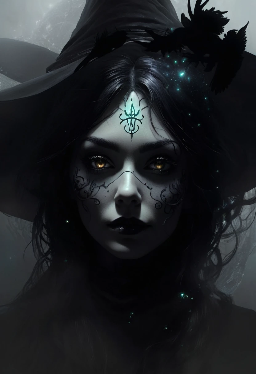 depicts a modern-day witch who has embraced the world of cybernetics to enhance her magical abilities. The artwork should convey the enchanting blend of traditional witchcraft and futuristic technology. Here are some specific elements to include: The Witch's Lair: The setting should be a cozy yet slightly eerie room, filled with magical books, crystal balls, potion ingredients, and antique furnishings. The room should be dimly lit by candles and a soft, mystical glow emanating from her cybernetic enhancements. The Cyborg Witch: The central focus of the artwork is the witch herself. She's a striking figure with a mix of traditional witch attire and cybernetic enhancements. Her clothing should have a witchy, occult aesthetic, with flowing robes, a pointed hat, and an intricate pentagram necklace. Her arms, however, have been upgraded with cybernetic components that incorporate magical symbols and glowing runes. Magical Interface: The witch is in the midst of casting a spell, with a holographic, touch-screen interface floating before her. This interface includes spell incantations, arcane symbols, and digital components, demonstrating her fusion of magic and technology. Spell Ingredients: On a nearby table, there should be a collection of spell ingredients, like herbs, potions, and magical artifacts. Some of these items may have been modified with cybernetic enhancements, blurring the line between the natural and the technological. Familiar: The witch's familiar, perhaps a cat or raven, should be present in the scene, serving as her magical companion. The familiar could also have subtle cybernetic enhancements or glowing eyes. Glowing Runes: The room should be adorned with ancient symbols and glowing runes on the walls and floor, contributing to the magical atmosphere. Aetherial Lighting: Use a combination of mystical, ethereal lighting and cybernetic glows to create a captivating interplay of light and shadow. The contrast between the tradit