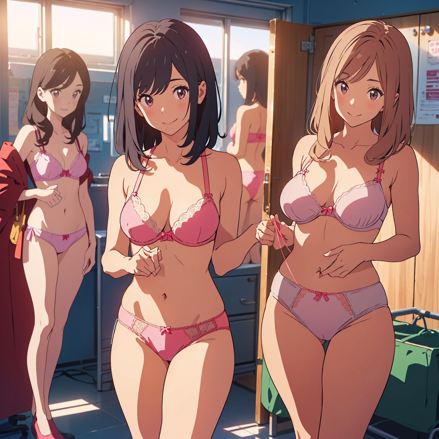 masterpiece, top quality, ((((Incredibly ridiculous)))), ((Absurd)), Extremely delicate and beautiful, Anime style, (Three seductive female teachers in underwear), perfect-composition, cowboy shot, pink bra, pink panties, extremely detailed texture, (((threads of the seams for panties crotch is clearly visible))), Slender figure, well-shaped nose, Double eyelids, clear and beautiful face and well-proportioned big eyes, (A smile), bloom, In a locker room