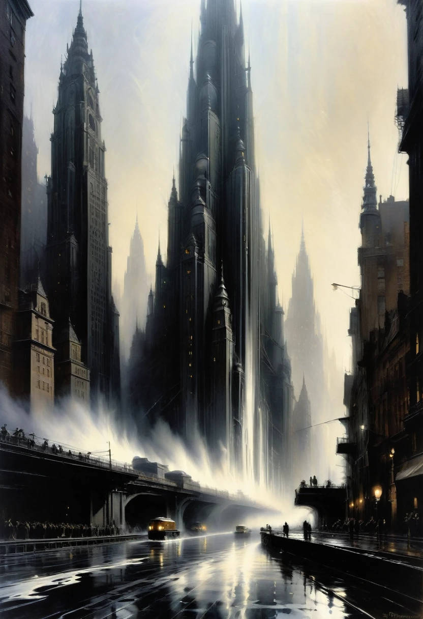 B&W, made of liquid metal, by Hugh Ferriss, best quality, masterpiece, very aesthetic, perfect composition, intricate details, ultra-detailed