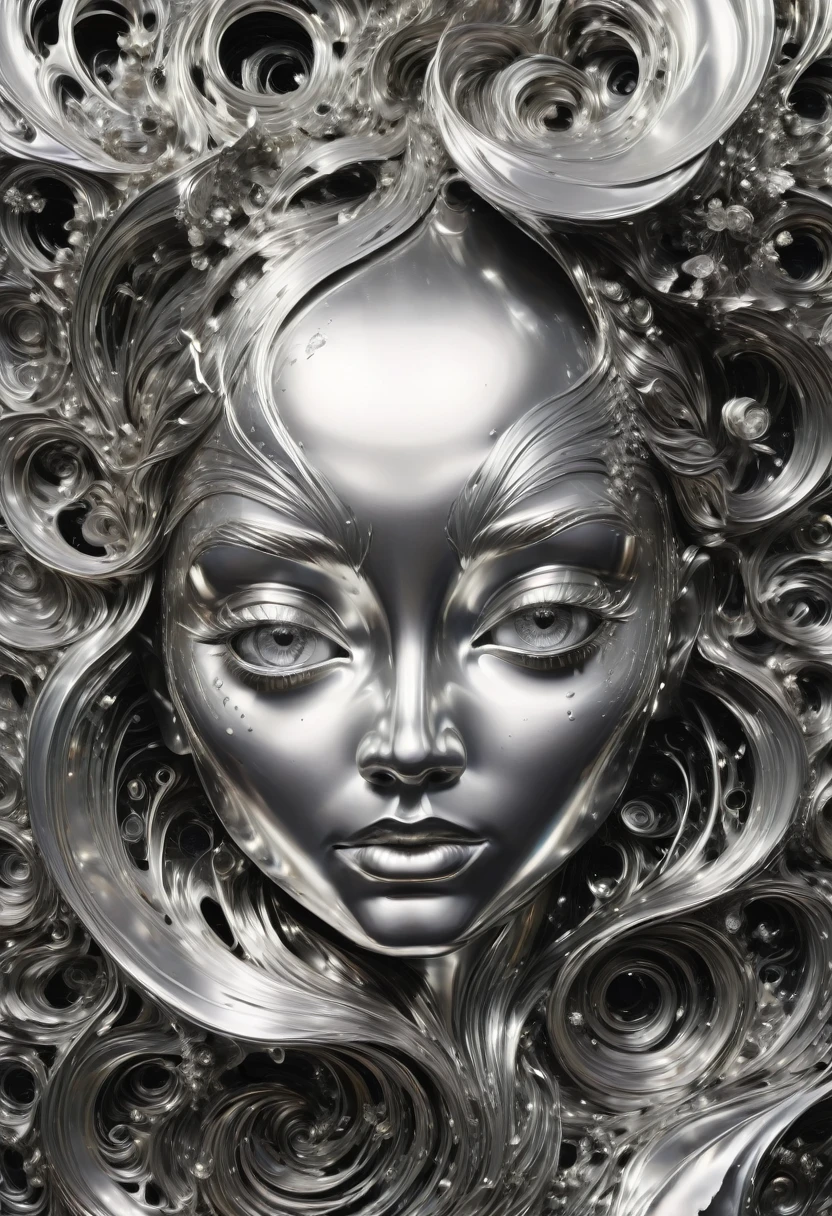 B&W, silvery, made of liquid metal, by Dan Colen, best quality, masterpiece, very aesthetic, perfect composition, intricate details, ultra-detailed
