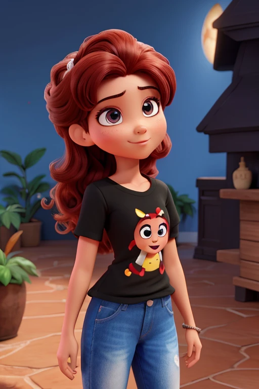 Branca ,cabelos longo e escuro, olhos puxado ,blusa vermelha,calca preta, sapatos preto. Desenho pixar, Disney 4K