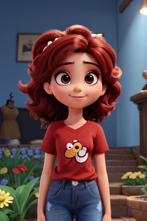 Branca ,cabelos longo e escuro, olhos puxado ,blusa vermelha,calca preta, sapatos preto. Desenho pixar, Disney 4K