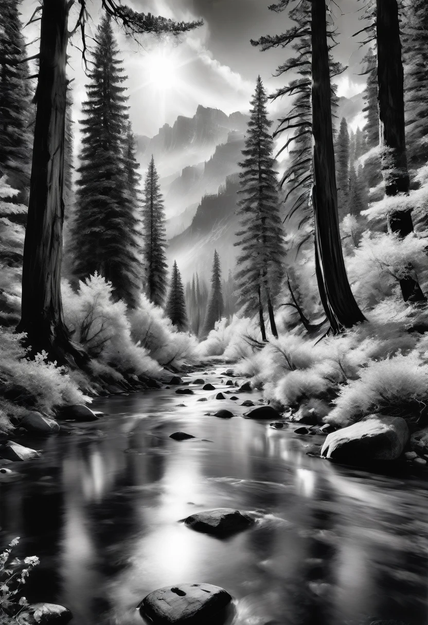 B&W, silvery, made of liquid metal, by Ansel Adams, best quality, masterpiece, very aesthetic, perfect composition, intricate details, ultra-detailed