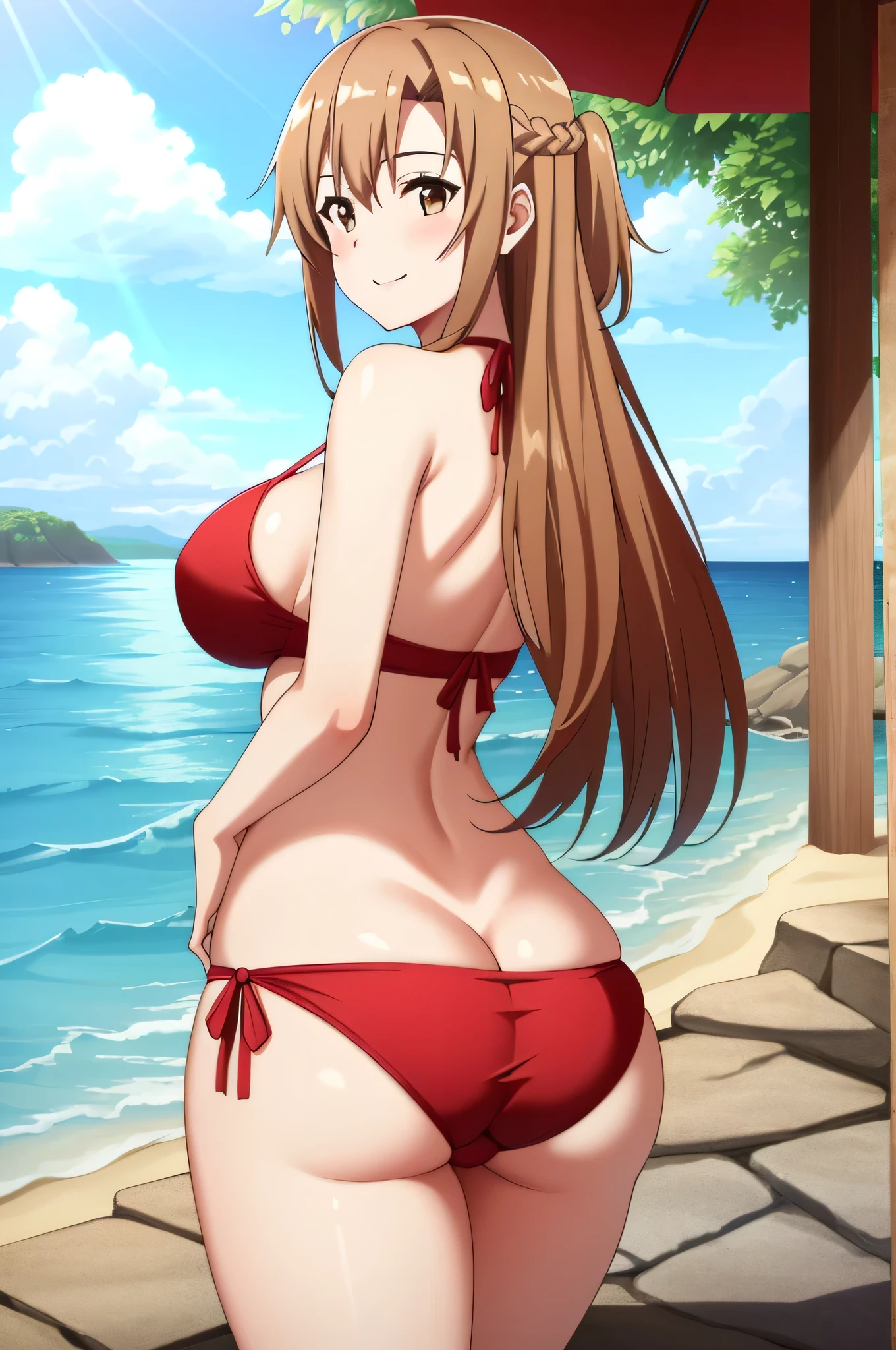 (masterpiece, best quality), 4K, intricate details,
1girl, yuuki asuna, kizukiai, brown hair, brown eyes, big breasts, long hair, braid, asuna, 1girl, solo, long_hair, breasts, looking_at_viewer, smile, brown_hair, beach, ocean, island, outdoors, bright sky, sunny, clear sky, red bikini, two piece bikini, thong panties, red thong, bare shoulders, cleavage, nice breasts, skinny, slim waist, nice thighs, big ass, large ass, round ass, nice ass, cameltoe, tshowing ass, big ass, full frame, uppder body in frame, cowboy shot, portrait