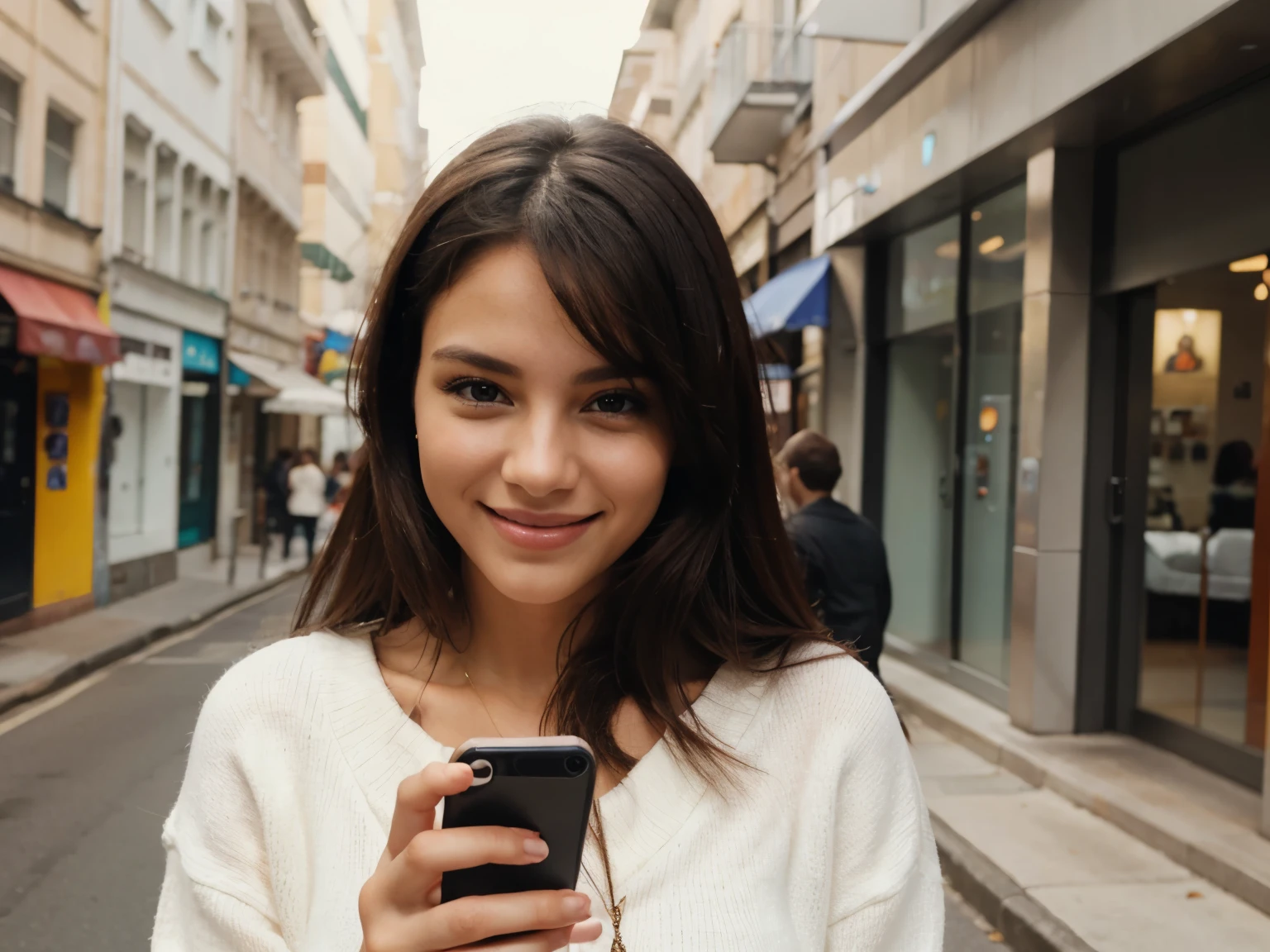 very beautiful woman using her cellphone, smiling, and looking at the camera.