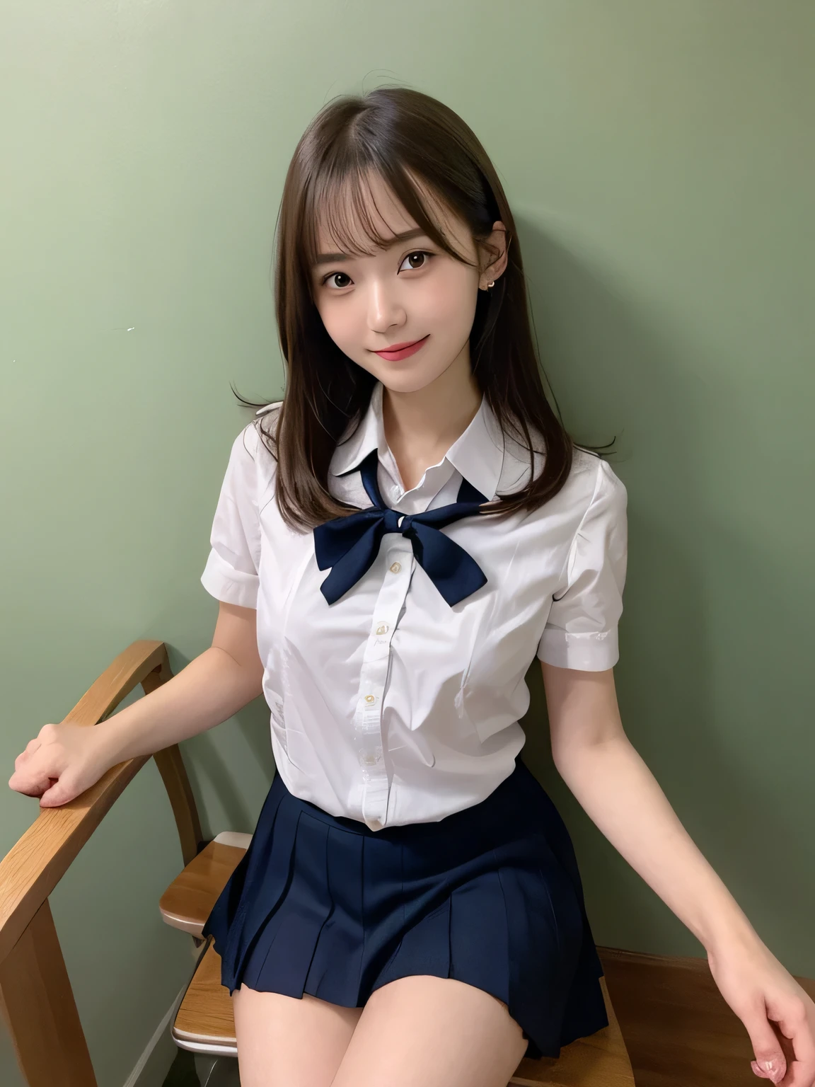 highest quality、Blonde、figure、 Blonde、Cleavage、Ultra-detailed、High resolution、8k wallpaper、Perfect dynamic composition,、Beautiful fine details、Natural color lip、Bold sexy pose、smile、16-year-old girl、cute、Sexy shot looking at the camera、(highest quality: 1.3), (masterpiece: 1.3), (Super Detail: 1.3), (One Girl: 1.1), (Detailed hands and fingers:1.2)、(Ultra-oily, lustrous skin with attention to detail:1.1)、Oily shiny knee socks、(The perfect school girl uniform:1.3)、Short-sleeved shirt with front opening、Cleavage、sexy、(Beautiful shapely small breasts:1.3)、(Red mini skirt:1.2)、I can see your thighs、Brown Hair、Very Short Hair、Beautiful sister、Yellow wall,sexy、I can see your thighs、Sitting in a chair、