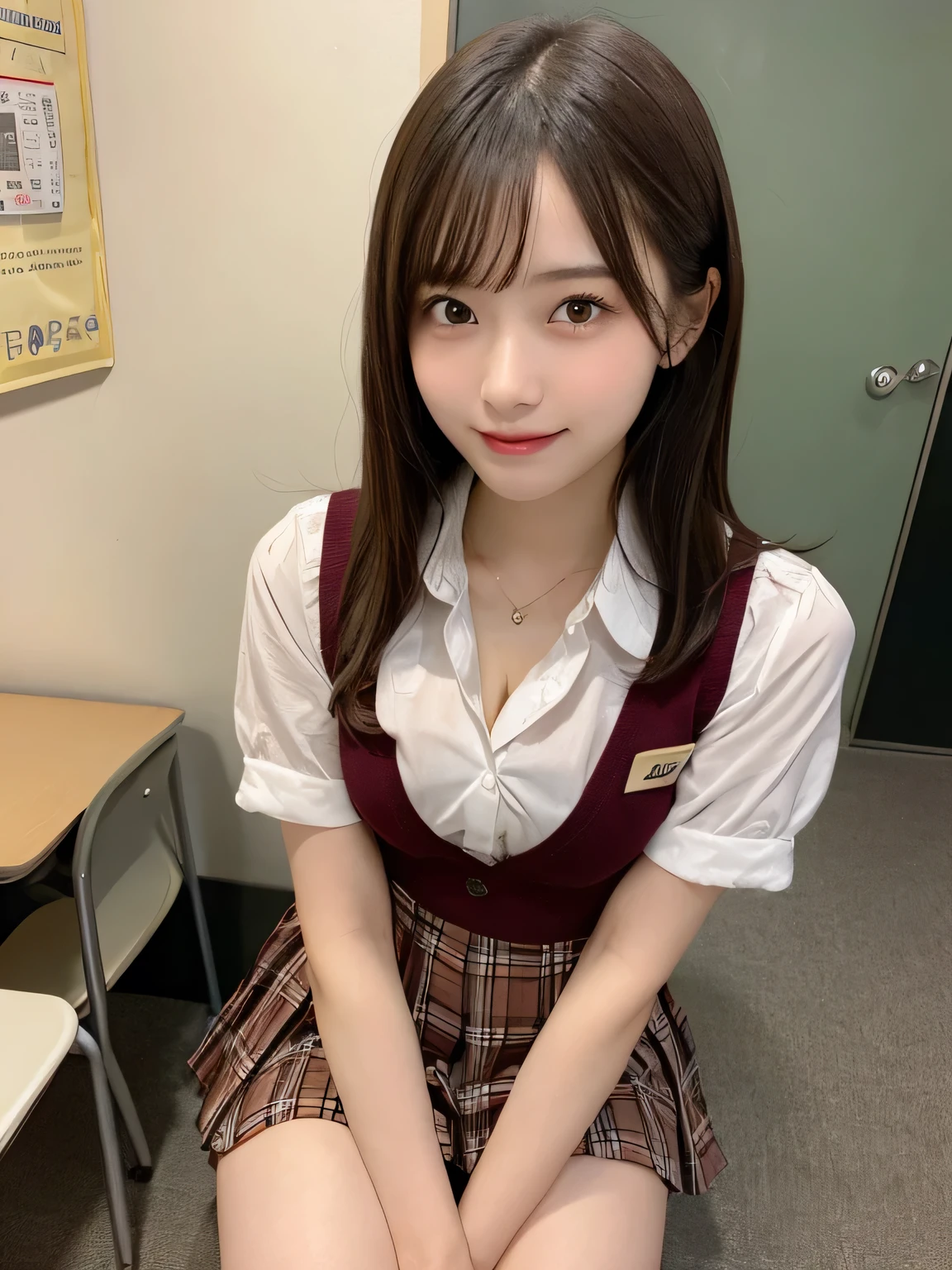 highest quality、Blonde、figure、 Blonde、Cleavage、Ultra-detailed、High resolution、8k wallpaper、Perfect dynamic composition,、Beautiful fine details、Natural color lip、Bold sexy pose、smile、、cute、Sexy shot looking at the camera、(highest quality: 1.3), (masterpiece: 1.3), (Super Detail: 1.3), (One Girl: 1.1), (Detailed hands and fingers:1.2)、(Ultra-oily, lustrous skin with attention to detail:1.1)、Oily shiny knee socks、(The perfect school girl uniform:1.3)、Short-sleeved shirt with front opening、Cleavage、sexy、(Beautiful shapely small breasts:1.3)、(Red mini skirt:1.2)、I can see your thighs、Brown Hair、Very Short Hair、Beautiful sister、Yellow wall,sexy、I can see your thighs、Sitting in a chair、