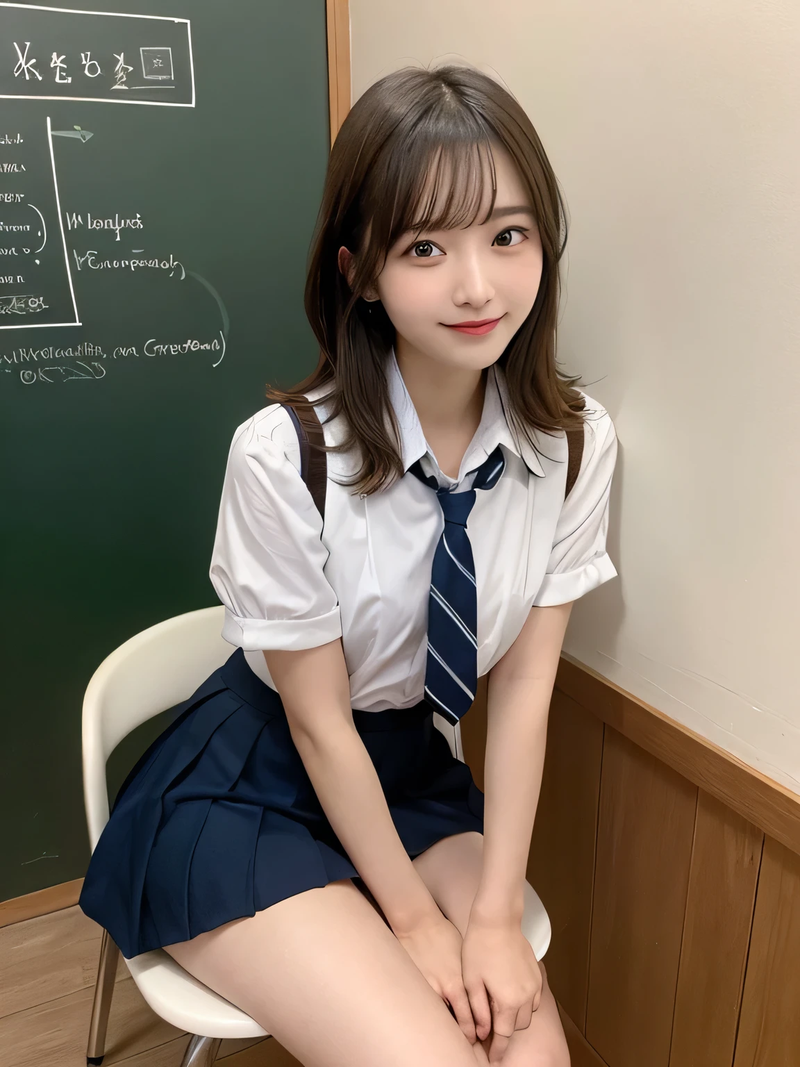 highest quality、Blonde、figure、 Blonde、Cleavage、Ultra-detailed、High resolution、8k wallpaper、Perfect dynamic composition,、Beautiful fine details、Natural color lip、Bold sexy pose、smile、16-year-old girl、cute、Sexy shot looking at the camera、(highest quality: 1.3), (masterpiece: 1.3), (Super Detail: 1.3), (One Girl: 1.1), (Detailed hands and fingers:1.2)、(Ultra-oily, lustrous skin with attention to detail:1.1)、Oily shiny knee socks、(The perfect school girl uniform:1.3)、Short-sleeved shirt with front opening、Cleavage、sexy、(Beautiful shapely small breasts:1.3)、(Red mini skirt:1.2)、I can see your thighs、Brown Hair、Very Short Hair、Beautiful sister、Yellow wall,sexy、I can see your thighs、Sitting in a chair、