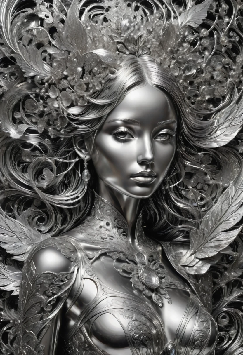 B&W, silvery, made of liquid metal, by Piotr Jaboński, best quality, masterpiece, very aesthetic, perfect composition, intricate details, ultra-detailed
