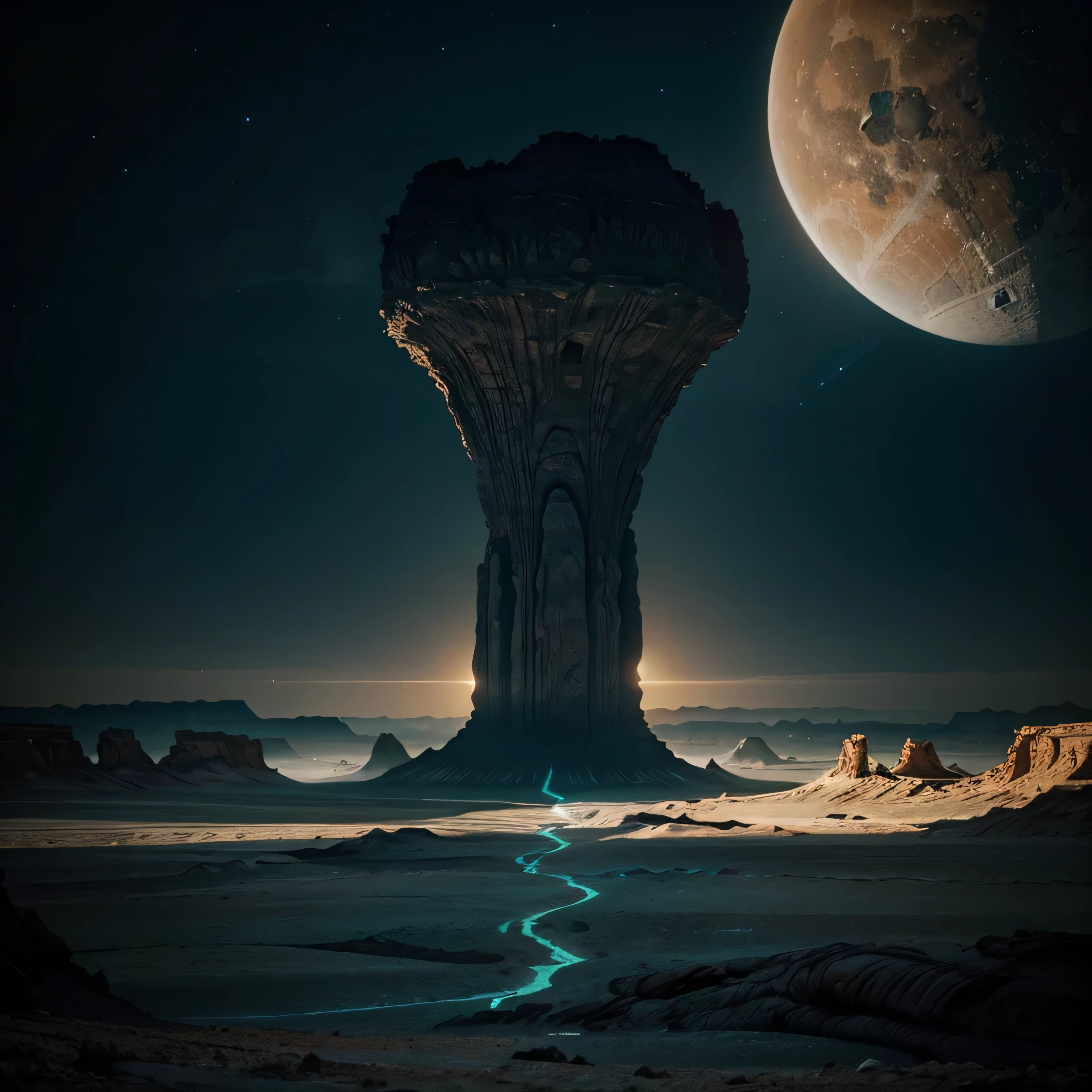 
Create a breathtaking landscape photograph of an alien planet. Capture the unique geological formations, vibrant and otherworldly vegetation, and unusual atmospheric conditions that define this extraterrestrial environment. Pay attention to the lighting, colors, and textures to convey the sense of wonder and the surreal beauty of a world beyond our own. Consider elements such as multiple suns, unusual rock formations, exotic flora, and possibly the distant silhouette of an alien city or spacecraft to enhance the scene's otherworldly feel.
