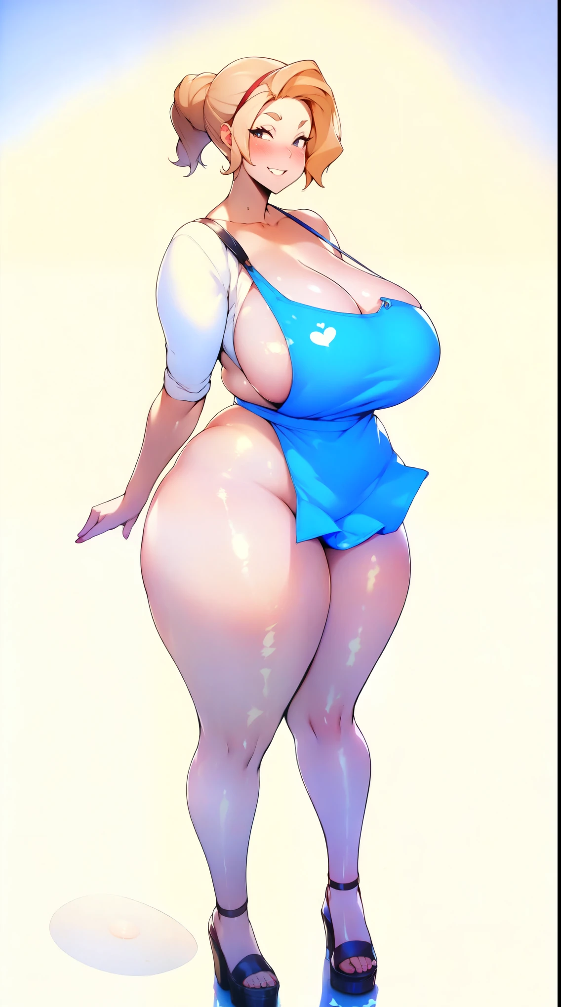 cute face , apron , big s i(big boods)) (((thick thights))), bikini, blode hair