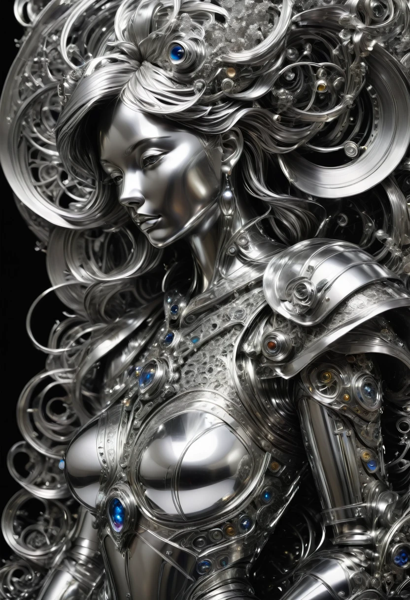 B&W, silvery, made of (liquid metal:1.4), by Michael Breitung, best quality, masterpiece, very aesthetic, perfect composition, intricate details, ultra-detailed