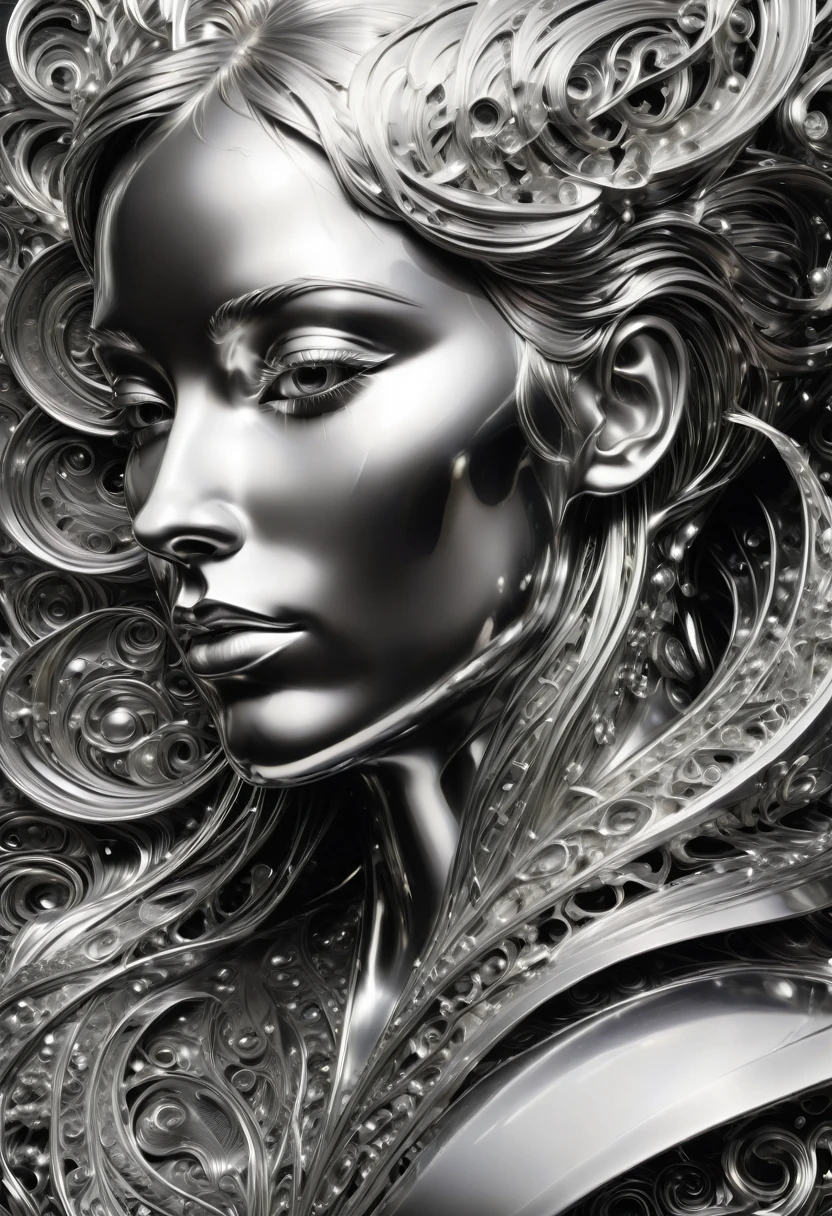 B&W, silvery, made of (liquid metal:1.4), by Michael Breitung, best quality, masterpiece, very aesthetic, perfect composition, intricate details, ultra-detailed