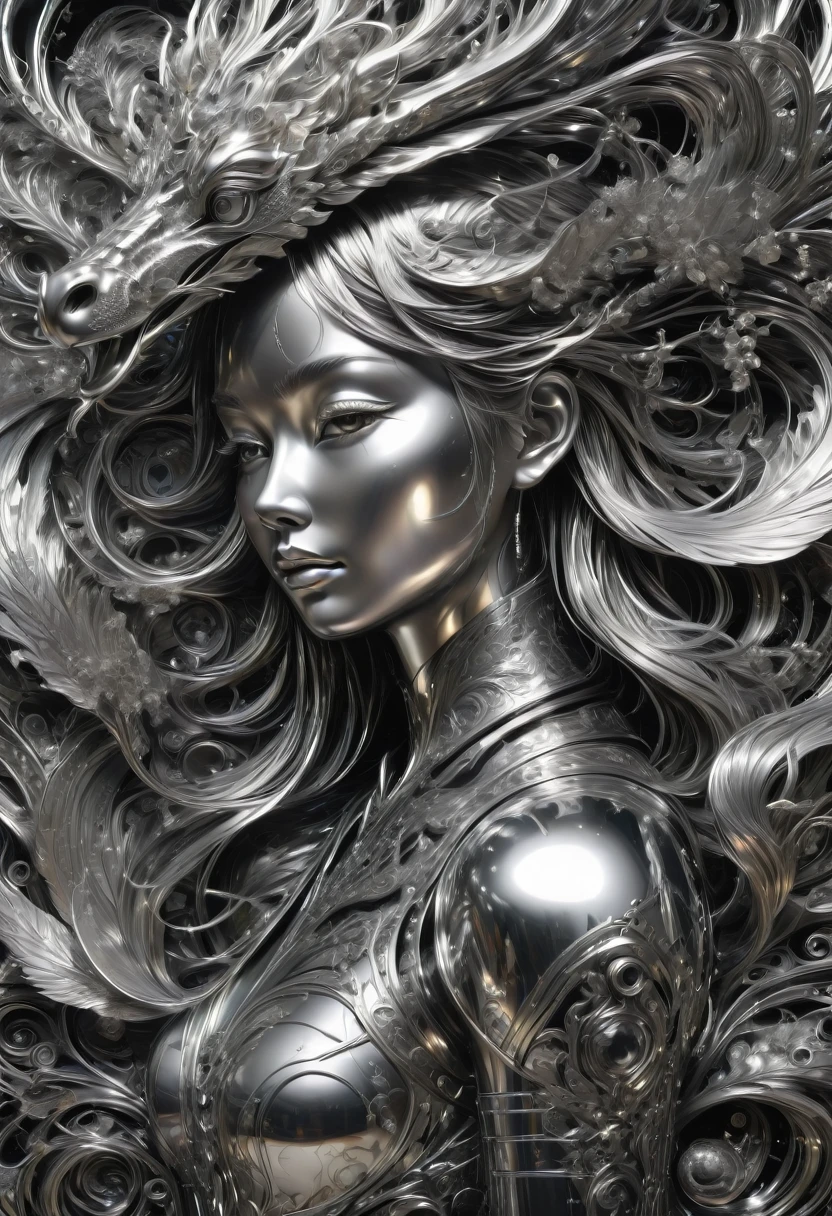 B&W, silvery, made of (liquid metal:1.4), by Ryan_Yee, best quality, masterpiece, very aesthetic, perfect composition, intricate details, ultra-detailed