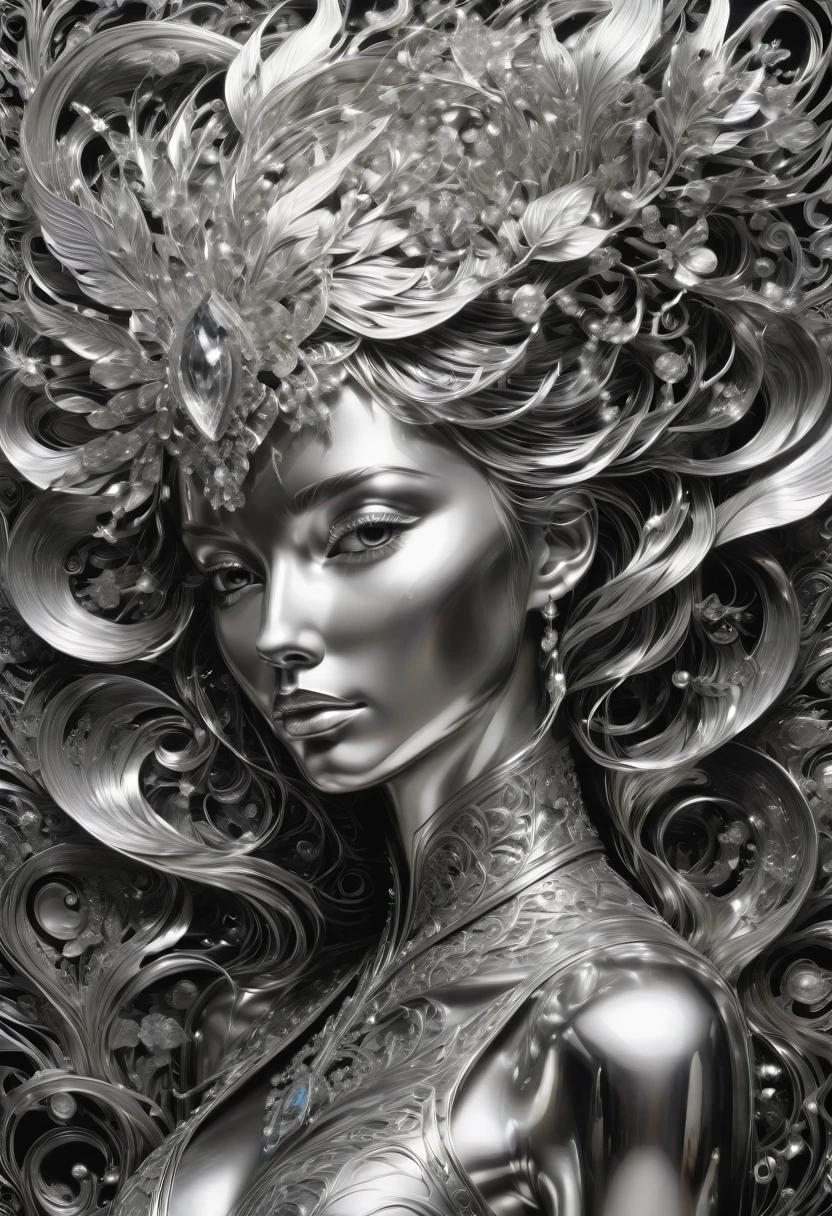 B&W, silvery, made of (liquid metal:1.4), by Alyssa Lazer, best quality, masterpiece, very aesthetic, perfect composition, intricate details, ultra-detailed