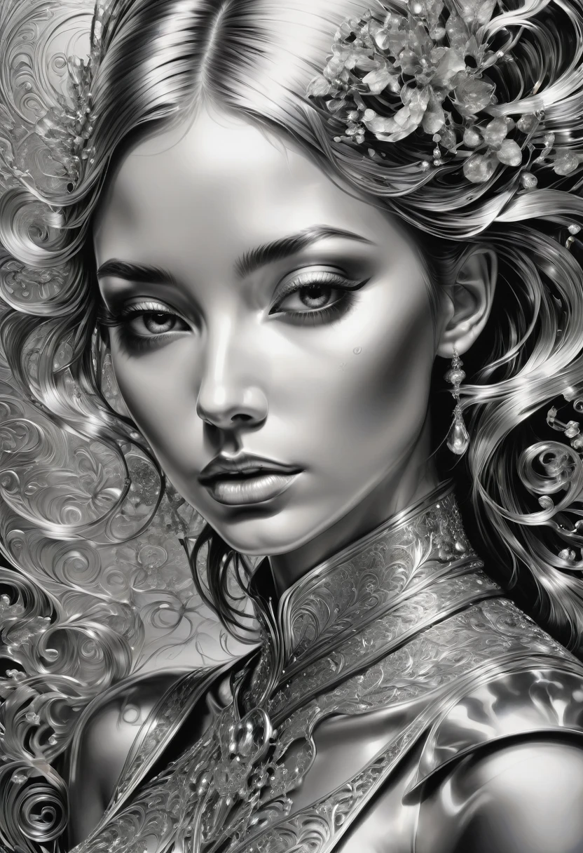 B&W, silvery, made of (liquid metal:1.4), by Alyssa Lazer, best quality, masterpiece, very aesthetic, perfect composition, intricate details, ultra-detailed