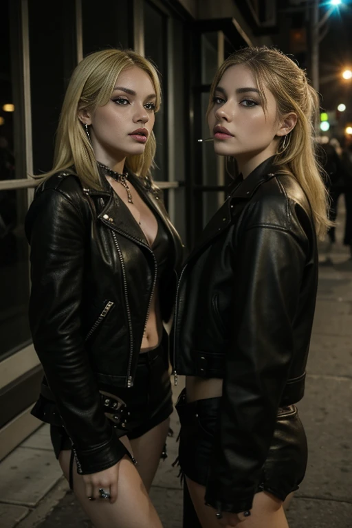 Two gorgeous blonde girls、Wearing a leather jacket,punk rock style,Smoking a cigarette,