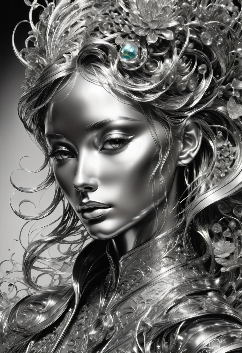 B&W, silvery, made of (liquid metal:1.4), by Glaslorne, best quality, masterpiece, very aesthetic, perfect composition, intricate details, ultra-detailed
