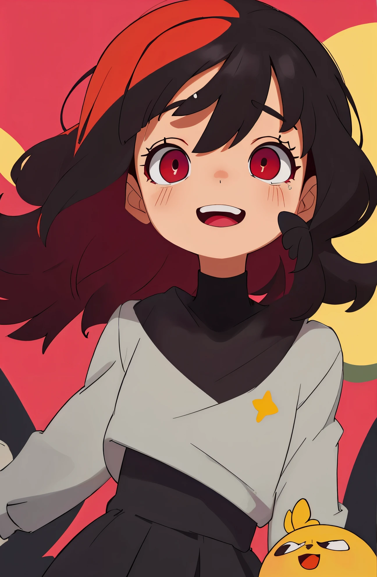 Chica cabello rojo,ojos redondos brillante de color amarillos,sudadera morada con una falda negra,fondo simple,riendo,enojada,triste.Distintas tomas y perspectiva .