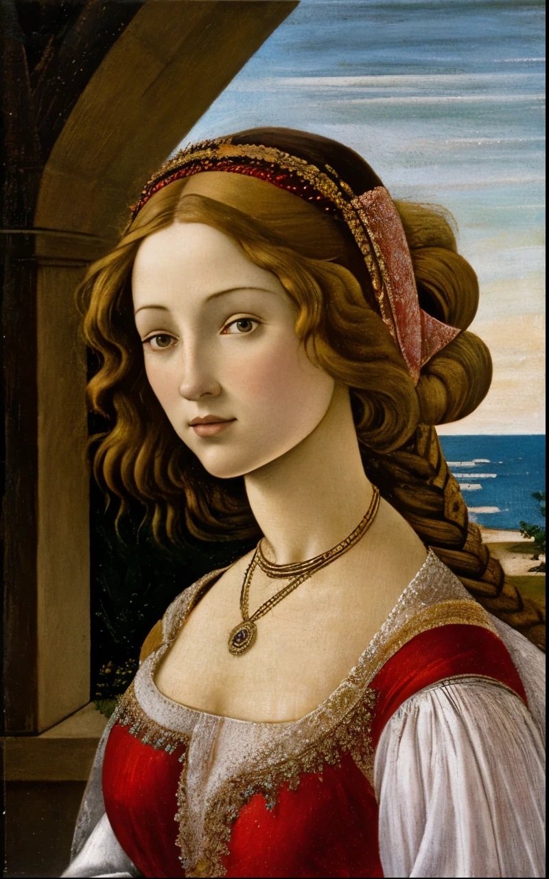 Simonetta Cattaneo Vespucci, Botticelli's model for Birth of Venus, embodying her classic beauty in a contemporary fashion, (ginger type), hair intertwined in intricate braids, modern dress, soft pastel, high color contrast, gently faded tones, timeless elegance, highly detailed, master's touch, casual elegance, chiaroscuro lighting, evocative old-world charm. Ektachrome analog film print
