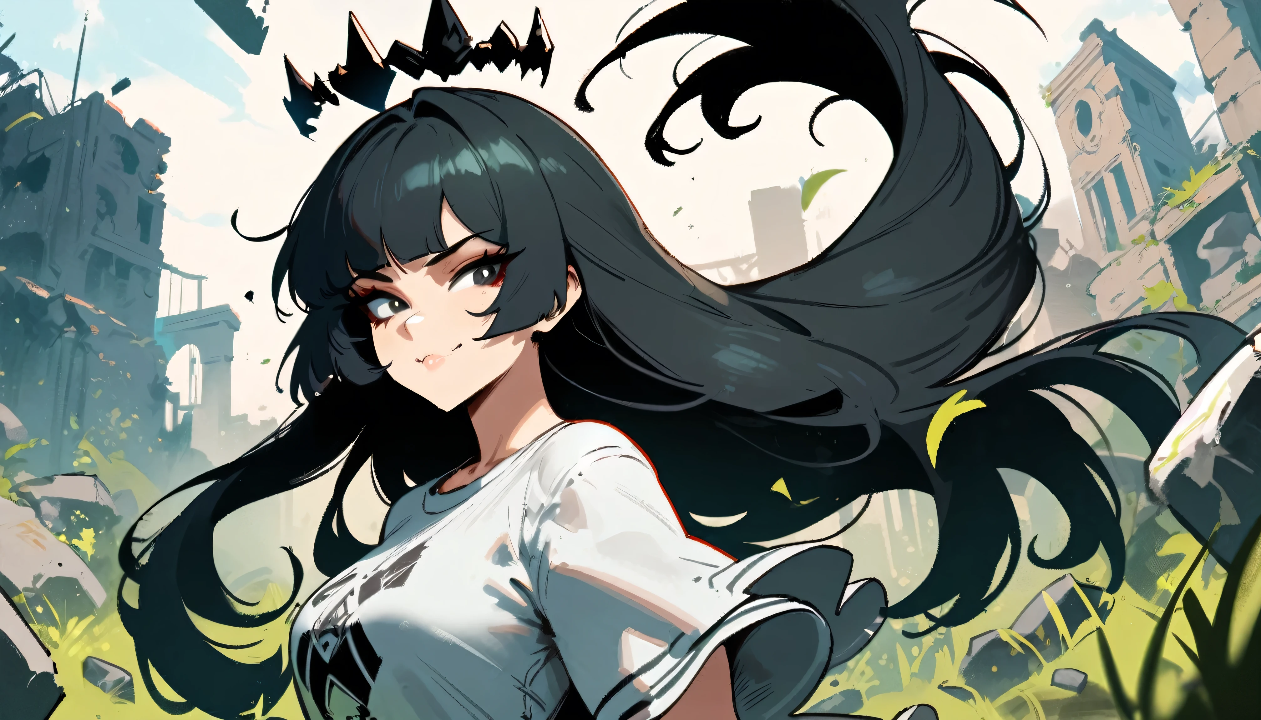 1girl,virtuosa \(arknights\) \\\\\ masterpiece, best quality, very aesthetic, absurdres, newest, , ///// by nyantcha, cutesexyrobutts, by khyle \\\\\ ,,,,,,light smile,,solo,, , , sky,, looking at viewer, ,,in the centre of shot, black hair, black eyes, bad girl, ic, arrogant, 18 years old girl, original outfit, skirt, white t-shirt, portrait,splash art, detailed face, ruins, stones, piece sign, grass,flying crown
