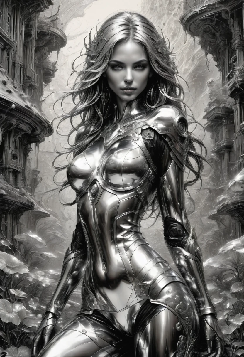 B&W, silvery, made of (liquid metal:1.4), by Marc Silvestri, best quality, masterpiece, very aesthetic, perfect composition, intricate details, ultra-detailed