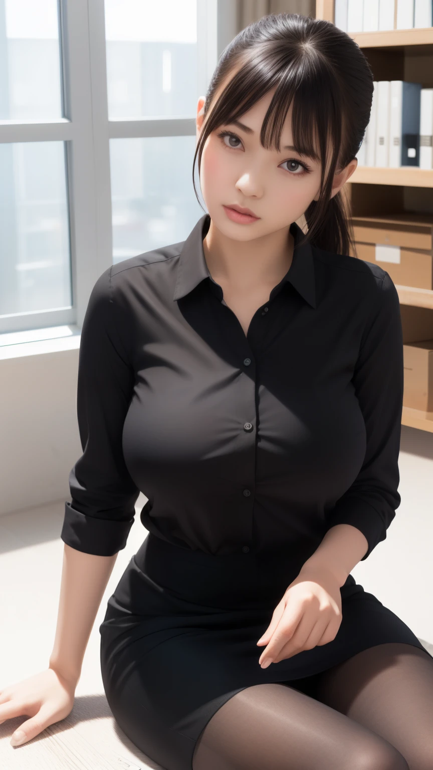 1girl, natural lighting, masterpiece, highly detailed, illustration, game CG, absurdres, high quality, aichan, large breasts, beautiful detailed eyes, medium black hair, ponytail, bangs, glossy lips, office, sitting, black shirt, short white pencil skirt, black pantyhose