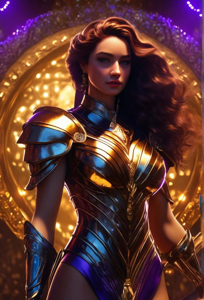 (high quality,4k,masterpiece:1.2),ultra-detailed,photorealistic,HDR,UHD,studio lighting,physically-based rendering,proportions and anatomy,shiny armor,painted textures,golden intricate details,purple fabric draping,confident pose,intense gaze,exquisite lighting,concept art,colour grading,shadow and highlight contrast,bokeh
