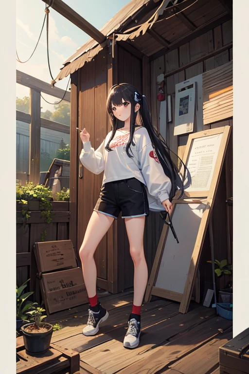 high quality、masterpiece、High sensitivity、One Woman、Small 、Thin thighs、Defeated pants、Iron pipe in one hand、wilderness、Standing with your legs apart