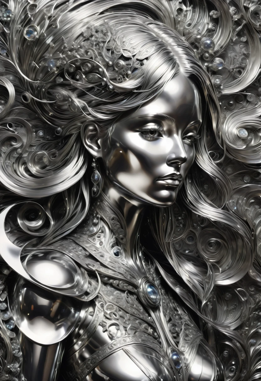 B&W, silvery, made of (liquid metal:1.4), by Chase Stone, best quality, masterpiece, very aesthetic, perfect composition, intricate details, ultra-detailed