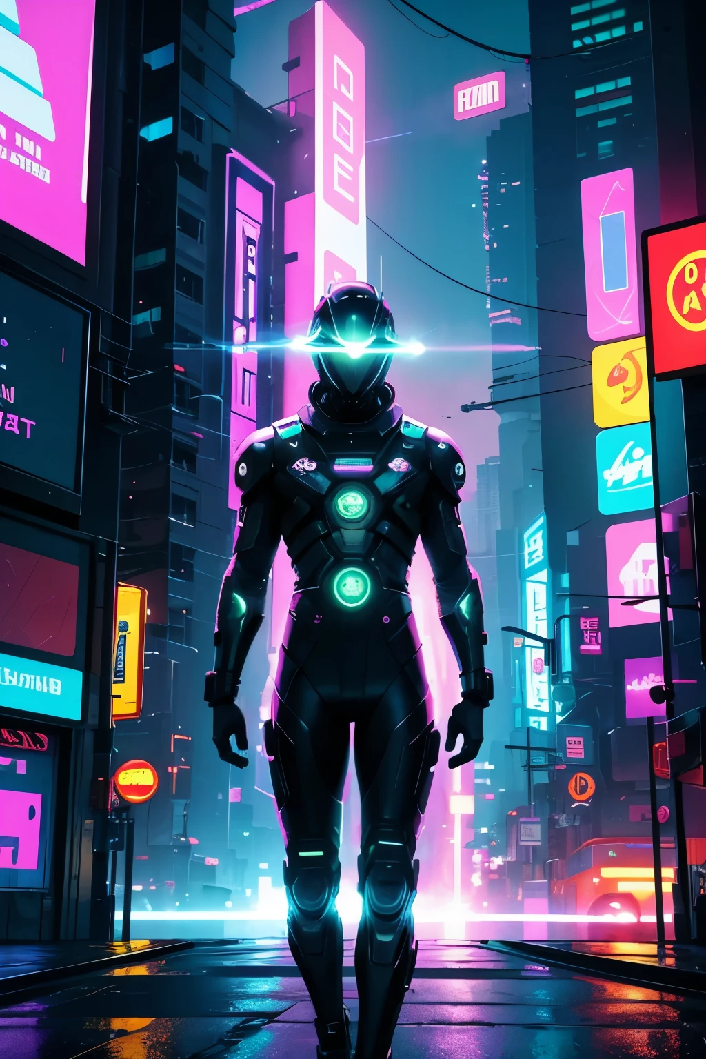 Create an image of a psychedelic astronaut in the cyberpunk world, floating amidst a neon-lit, futuristic cityscape. Towering cybernetic structures with holographic advertisements shimmer in vibrant colors, casting kaleidoscopic reflections on the rain-slicked streets below. The astronaut, clad in a neon-green pressure suit, floats serenely against a backdrop of pulsating lights and digital billboards.

Tendrils of smoke and plasma trail from the cyborg enhancements adorning their body, while a psychedelic aura surrounds their helmet. Their eyes, lit with an ethereal