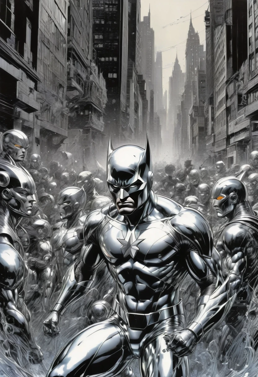 B&W, silvery, made of (liquid metal:1.4), by Brian Bolland and Neal Adams, best quality, masterpiece, very aesthetic, perfect composition, intricate details, ultra-detailed