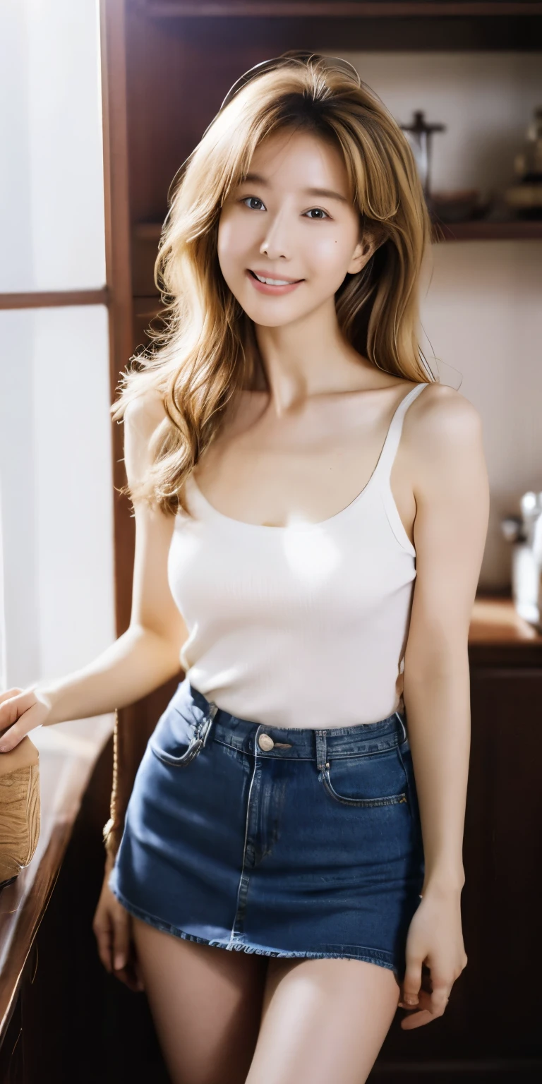 realistic,realphoto,highest quality, masterpiece, Beautiful and detailed eyes, (Sunburn), Japanese、Denim mini skirt、Blonde Wavy Hair, Short mini skirt、ローライズDenim mini skirt、White panties、spreadlegs、showwhitepanties,Gradient Hair, Pink highlights in hair, Big Breasts, Are standing, compensate, Glossy lips, Fuller lips, (Natural light), In the room, night, かわいいDenim mini skirtスーツ, A shy smile, stomach, clavicle, in love, Cute gestures