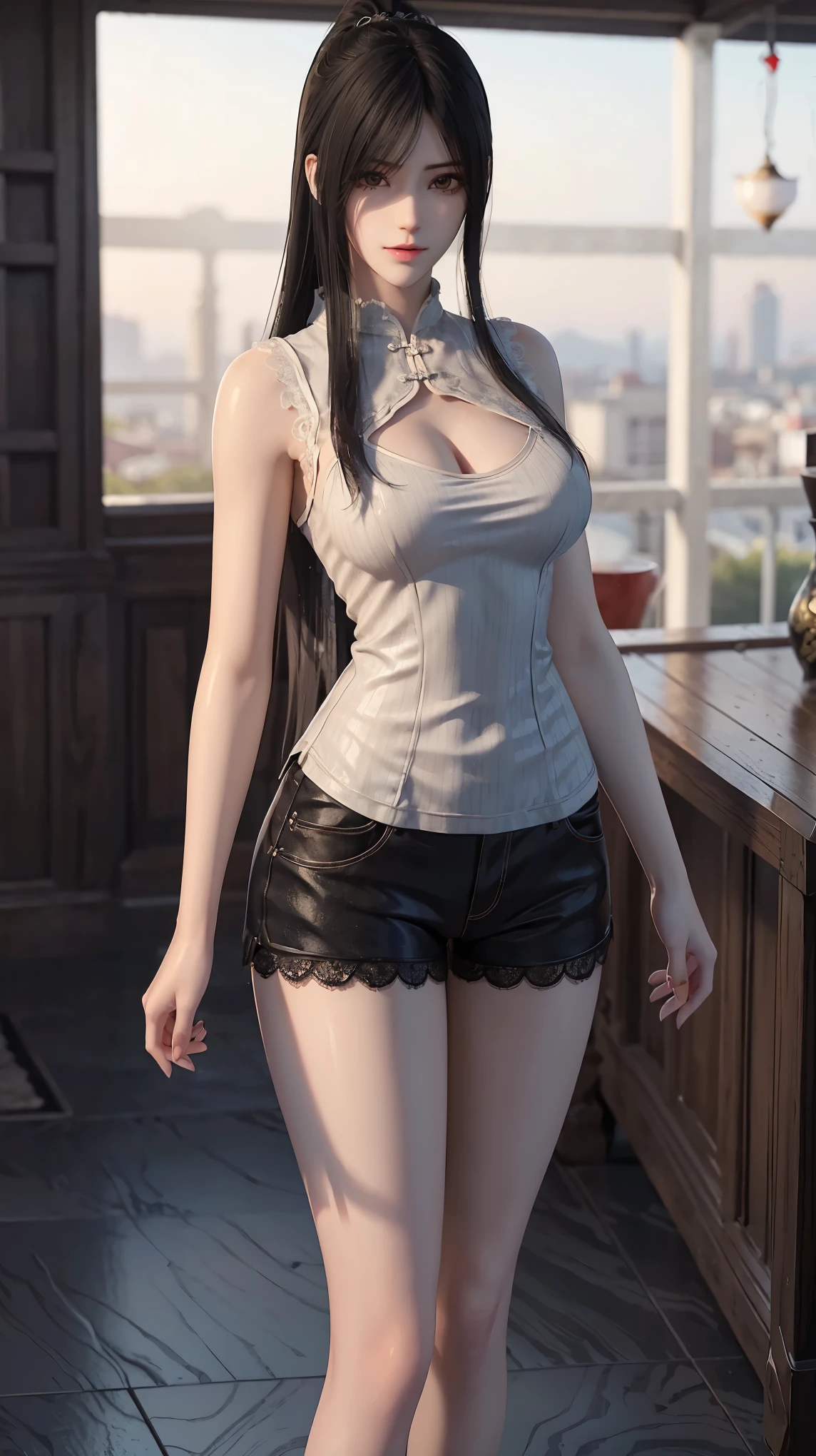 ，Close-up of miss wearing white mask, Beautiful character painting, guweiz, Gurwitz-style artwork, White-haired god, author：Yang Jie, Epic and beautiful character art, Stunning character art, author：Fan Qi, by Wuzhun Shifan, pixiv Art Street Guviz, Single ponytail, insult, High Ponytail, Tall and big, Long legs, (sleeveless lace shirt), (shorts), (Striped )), ((Striped )), Walk, elegant, dignified, miss, Beautiful curves, sweet smile, Strong sense of detail and layering, color丰富绚丽, Has a unique texture, rich and colorful, color, vivid, Design Art, 16K, Super detailed, {{illustration}}, {Extremely refined}, {Exquisite surface treatment}, Super detailed, Delicate and shining eyes, {{Light}}, 极致Light效果, Model: realism, CFG size: 12, Laura: Bright texture (1.35), high quality, masterpiece, Exquisite facial features, Delicate hair depiction, Detailed depiction of the eyes, masterpiece, best quality, Light線追蹤, Extremely detailed CG unified 8k wallpaper, masterpiece, best quality, (1 girl), 完美miss身材, (((tight white t shirt))),  (Delicate face), short black hair, Tie your hair up, Light blue hairpin,  (White skin), (Optimal Lighting), (Super intricate details), 4k unity, (Super detailed CG), Showing off her white legs, , Hot Pants, shorts,