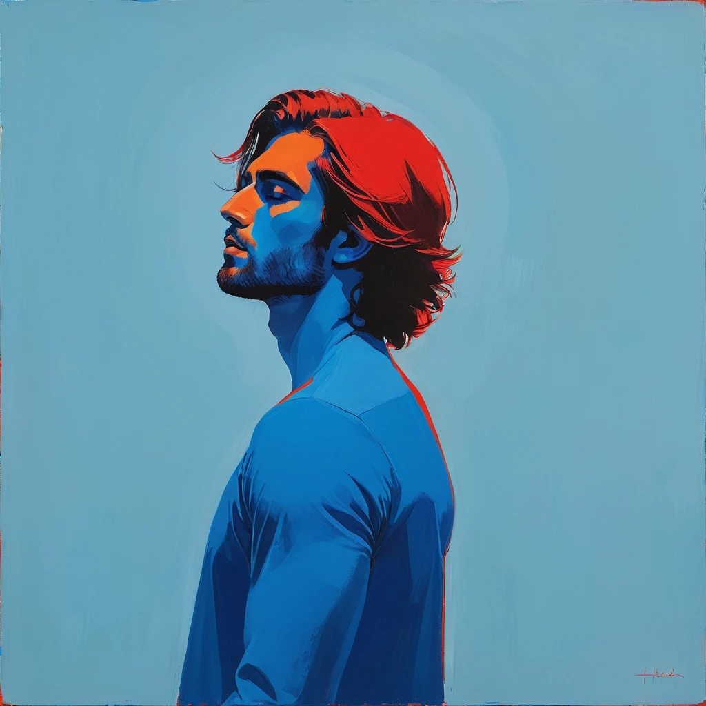 Create a serene profile portrait with the subject facing left. Use a vibrant color palette of blues, reds, and oranges. The background should be minimalistic in cool blue tones. Employ bold, visible brush strokes and the impasto technique for texture. chiaroscuro technique on sensual illustration of an arafed man in white underwear, sexy masculine, diego fazio, male model, by Ludovit Fulla, model with attractive body, inspired by Ludovit Fulla, mid-shot of a hunky, the model draped in flowing, thick oil painting by Harumi Hironaka, Aim for a mood that is introspective and slightly melancholic, reflecting the themes of fragility and beauty. Create high contrast between light and shadow fire around, there is a red circle on a blue and red square, inspired by Bauhaus, in a shapes background, brown red blue, circle forms, red blue