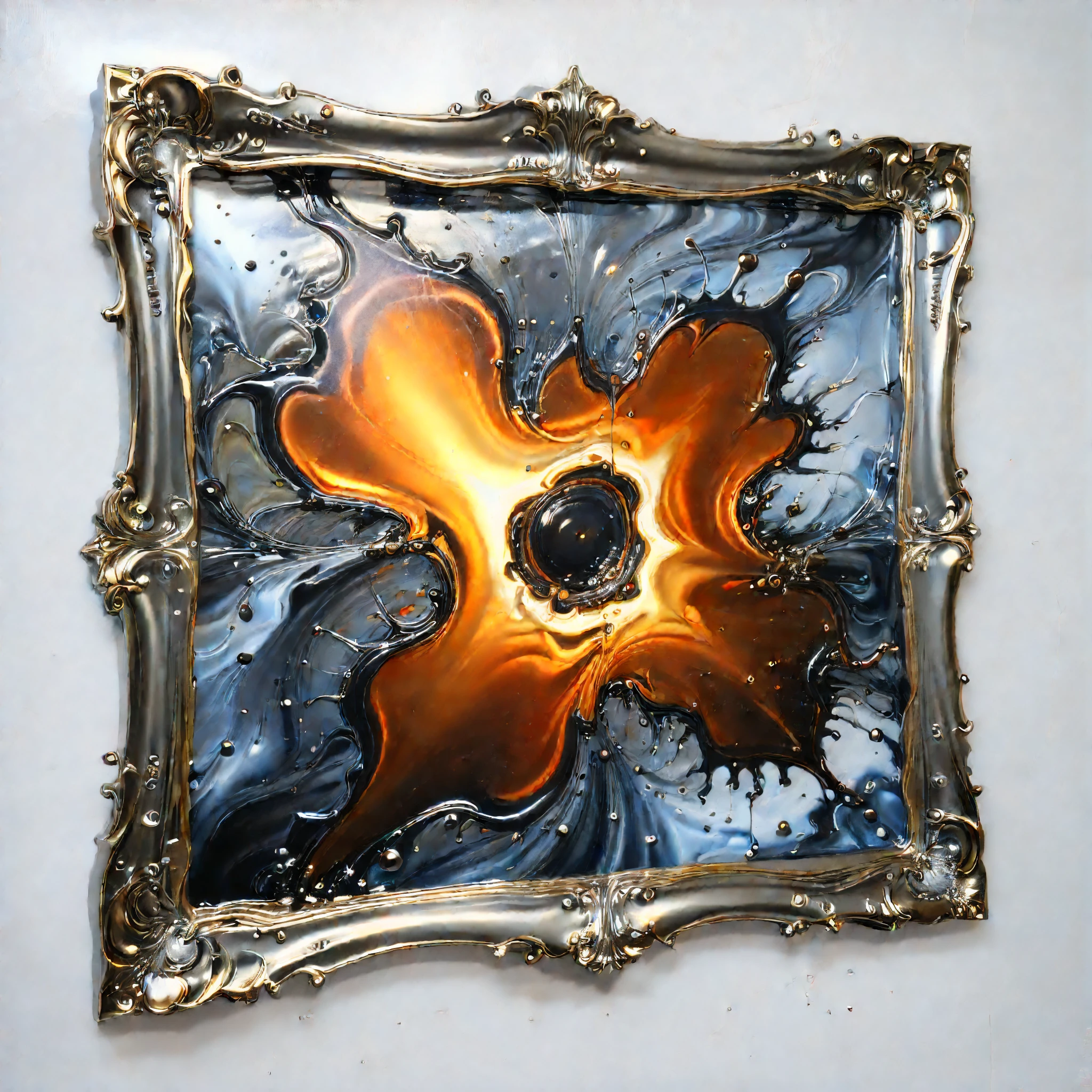 CalliyF, a metallic abstract painting, molten liquid metal splashing, frames around the painting,