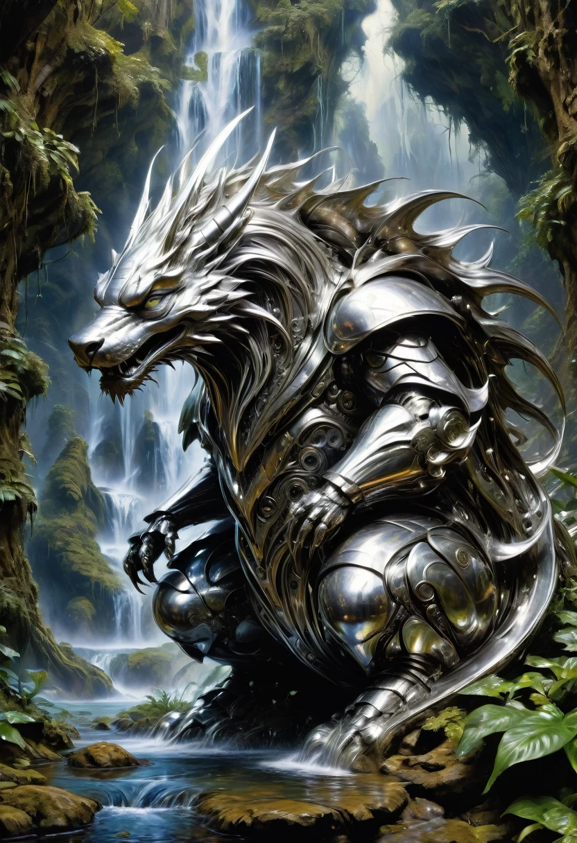 B&W, silvery, made of (liquid metal:1.4), by Todd McFarlane and Bob Eggleton, best quality, masterpiece, very aesthetic, perfect composition, intricate details, ultra-detailed