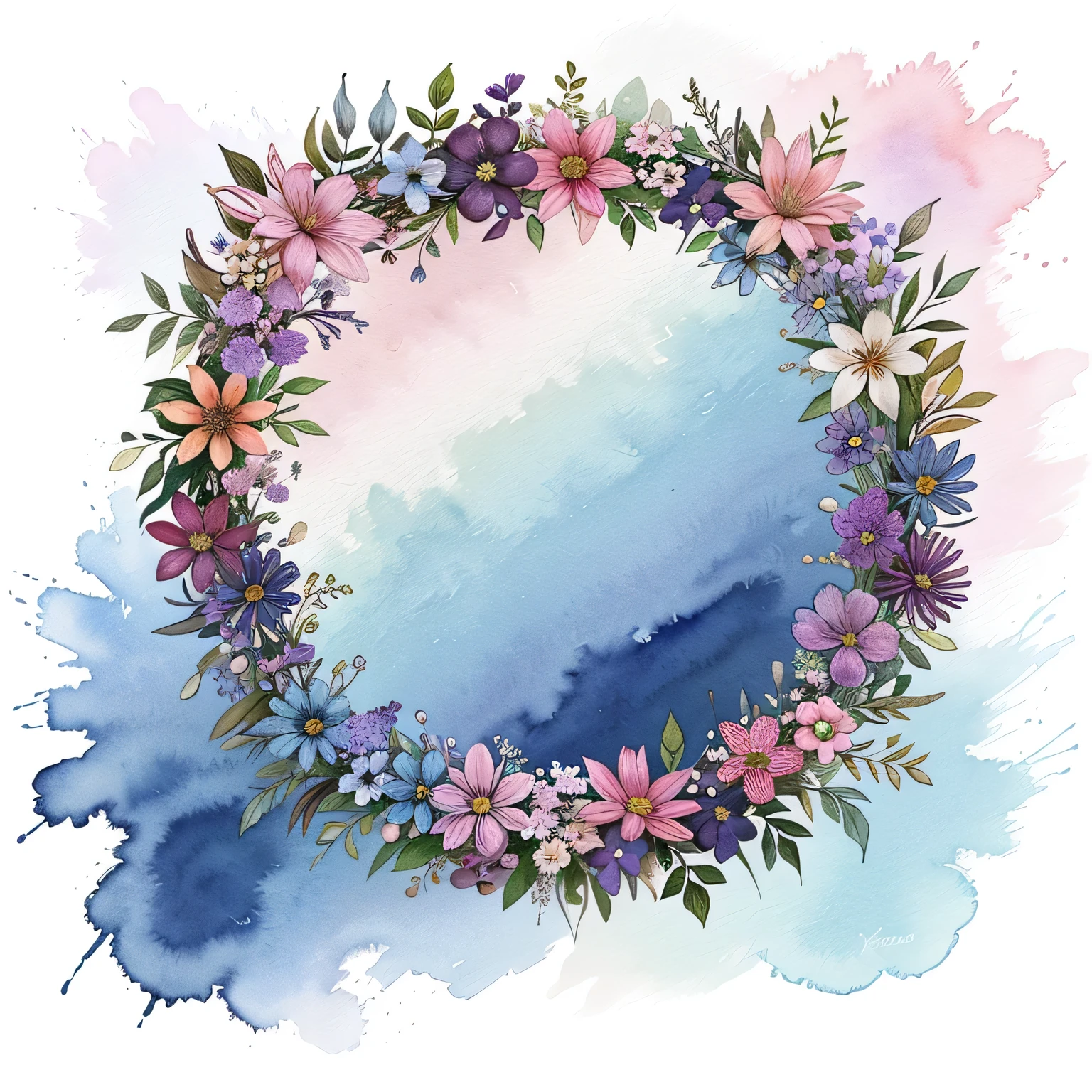 Purple flowers and leaves are arranged around a navy blue frame, acuarelado, simple color de agua, color de agua, fondo de arte, estilo acuarela, color de agua, estilo de pintura de acuarela, colores relajantes, watercolor illustration style, Acuarela simple, flores suaves, fondo floral pastel, Watercolor art style, acuarela detallada, flores en el fondo, Fondo pintado floral