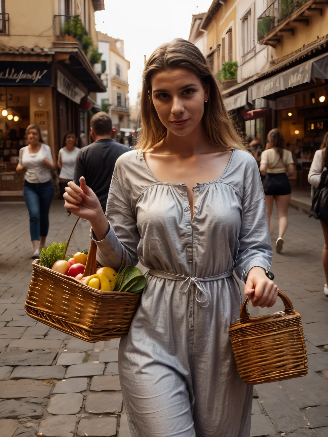 Spanish Market Scene (1750-1800):
Style: Realistic, bustling
Clothes: Traditional Spanish dresses and peasant clothing.
Positioning: LaGermania interacting with vendors, carrying a basket of produce.
Background: Busy market square with stalls and cobblestone streets.
Photo Parameters: Wide-angle shot, detailed textures, silverplate photograph, high contrast.
Location: Seville, Spain
Season: Summer