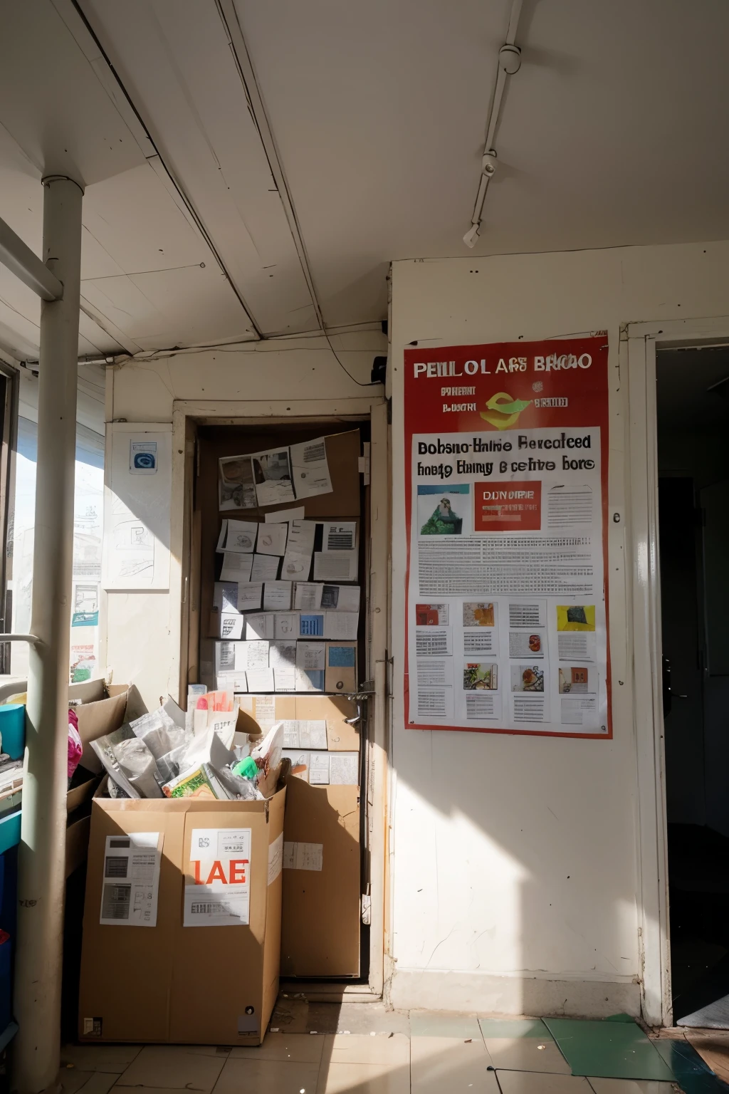 Realistic recycling mural newspaper centered on a rectangular box on the interior wall of a national school made by primary school children in Peru



