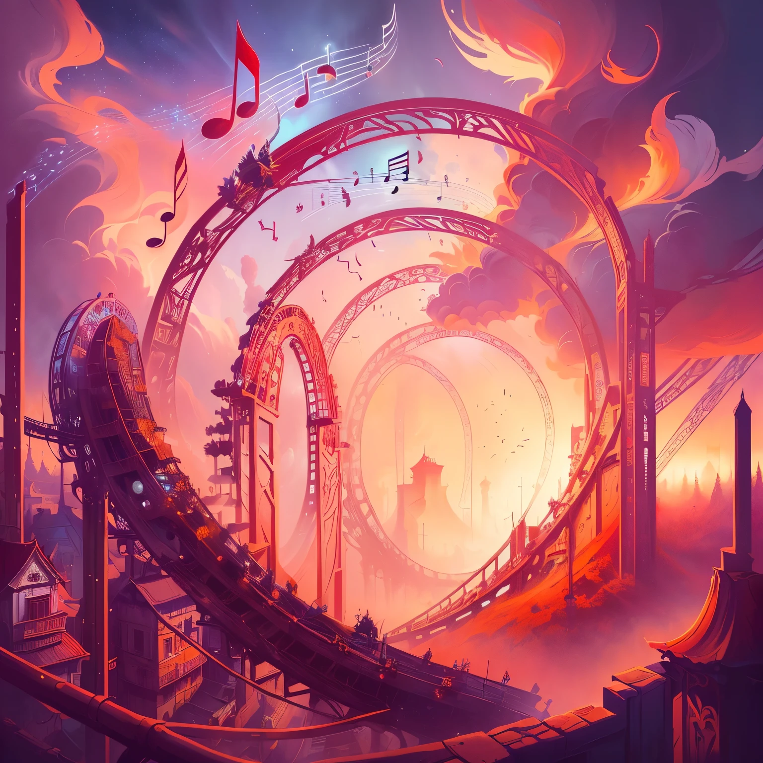 arafed montanha russa with music notes and music notes flying around, montanha russa, arte de fundo, inspirado em Cyril Rolando, arte conceitual surreal, obras de arte deslumbrantes, Inspirado por Mike Winkelmann, photorealistic music album cover, loop sem fim, montanha russas, montanha russa, Cyril rolando e m.w kaluta, Cyril rolando e m. w kaluta