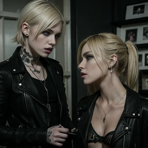 Two gorgeous blonde girls、Wearing a leather jacket,punk rock style,Smoking a cigarette and running his hair back,Bad look in the eyes,Unhealthy face,Slim body,Pale skin,Dark eyeshadow,A moment when a tattoo is being applied at a tattoo studio,Lots of tattoos,
