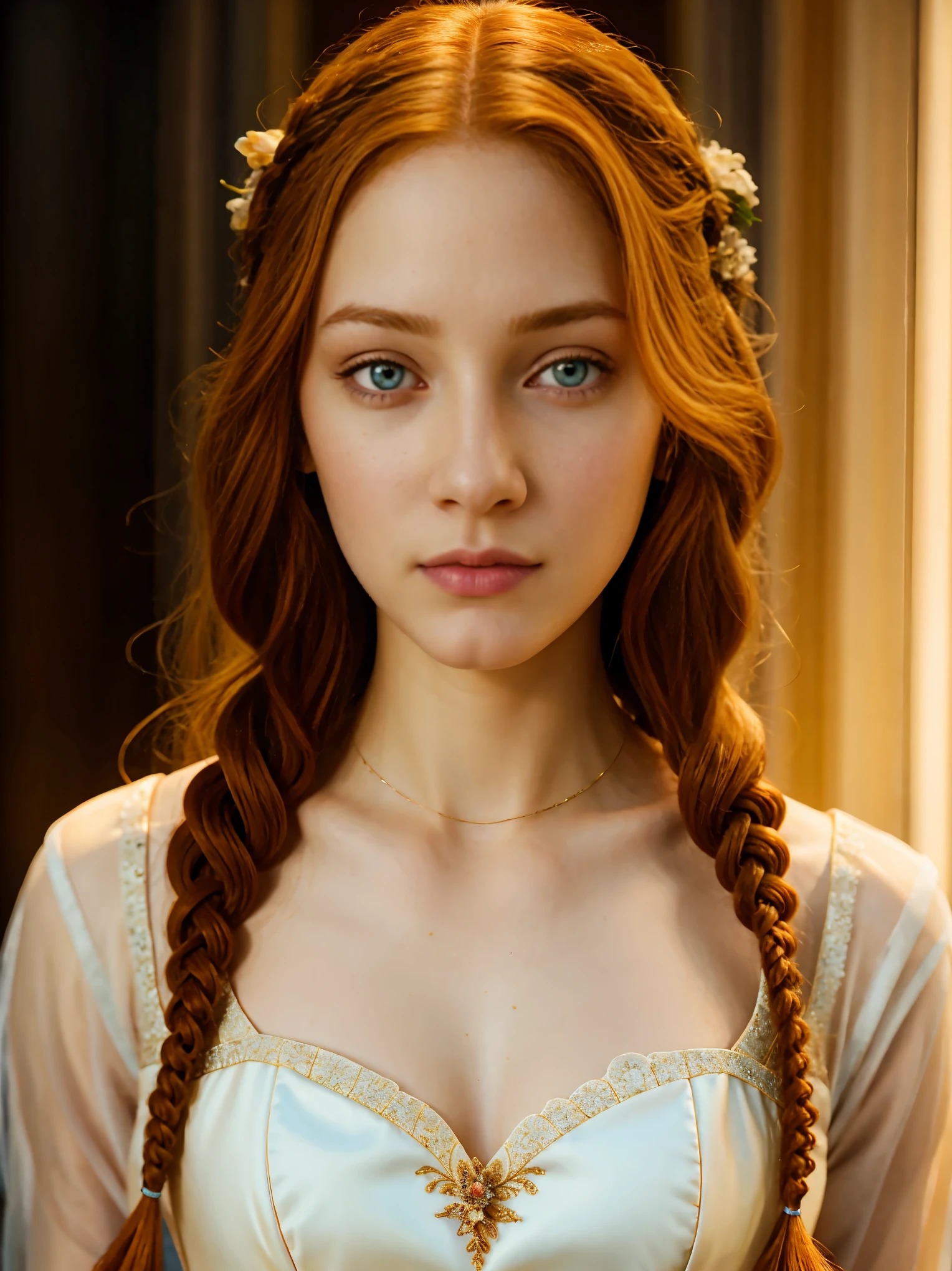 1girl, 18yo, formal clothes, fanciful braided ginger hair, detailed face, beautiful blue eyes, detailed nose and lips, long eyelashes, porcelain skin, serene expression, elegant posture, intricate floral dress, mid-shot, dramatic lighting, warm color palette, photorealistic, 8k, ultra-detailed, masterpiece,  full body