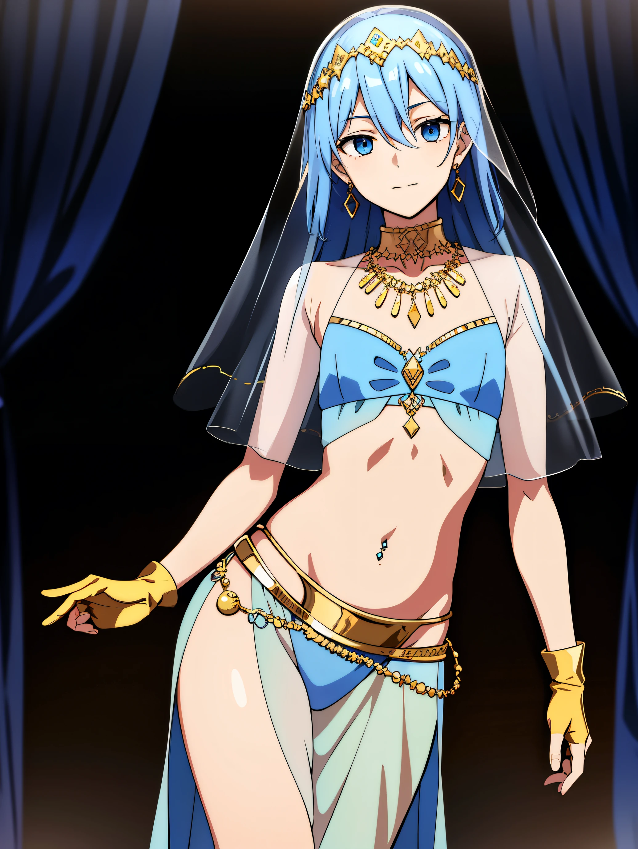 Highres, Masterpiece, Best quality at best,High-quality illustrations, 1boy, Boy, Shota, Solo person, Fluffy hair, blue hair, Blue eyes, Libido boy, mascle, Transparent veil covering the head, Transparent veil covering the mouth, Ancient loincloth, Transparent veil covering the chest, Gold necklace, Gold earrings, Navel piercing, Gloves, Desert, Belly dancer, night day