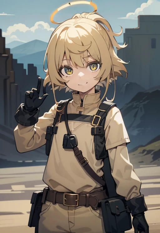 1girl, light brown short messy hair, tan colored tactical helmet, tactical helmet, tactical goggles, tactical railed headset, white formal tshirt, tshirt, light yellow colored tactical vest, beige armor, desert beige colored armor, tan colored pouches, triangular halo, lime colored halo, green triangle shaped halo, smile, happy, beige helmet, desert pants, yellow eyes, beige vest, white tshirt uniform, black tact gloves, tan helmet, teasing, 1person