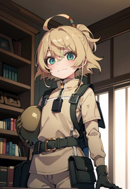 1girl, light brown short messy hair, tan colored tactical helmet, tactical helmet, tactical goggles, tactical railed headset, white formal tshirt, tshirt, light yellow colored tactical vest, beige armor, desert beige colored armor, tan colored pouches, triangular halo, lime colored halo, green triangle shaped halo, smile, happy, beige helmet, desert pants, yellow eyes, beige vest, white tshirt uniform, black tact gloves, tan helmet, teasing, 1person