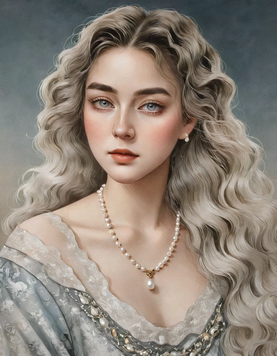 a gradient background, soft textures, a woman in a beautiful dress, detailed facial features, long eyelashes, pearl necklace, wavy hair, serene expression, (best quality,4k,8k,highres,masterpiece:1.2),ultra-detailed,(realistic,photorealistic,photo-realistic:1.37),portrait,dramatic lighting,muted color palette,soft focus