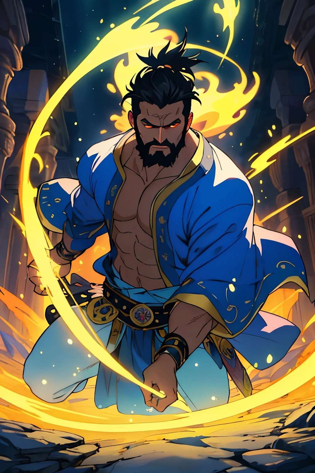 Melhor qualidade, obra de arte, super high resolution. Male lamp genie with beard and black hair, pele branca e olhos expressivos. Vestindo trajes tradicionais com detalhes dourados e joias brilhantes. Emerging from a golden magic lamp, with a wise and enigmatic expression. Realismo elevado (1.5). Mystical setting with ethereal blue smoke and magical lights, ao entardecer. Magical and ancient atmosphere, com sombras suaves e luz quente destacando os detalhes.