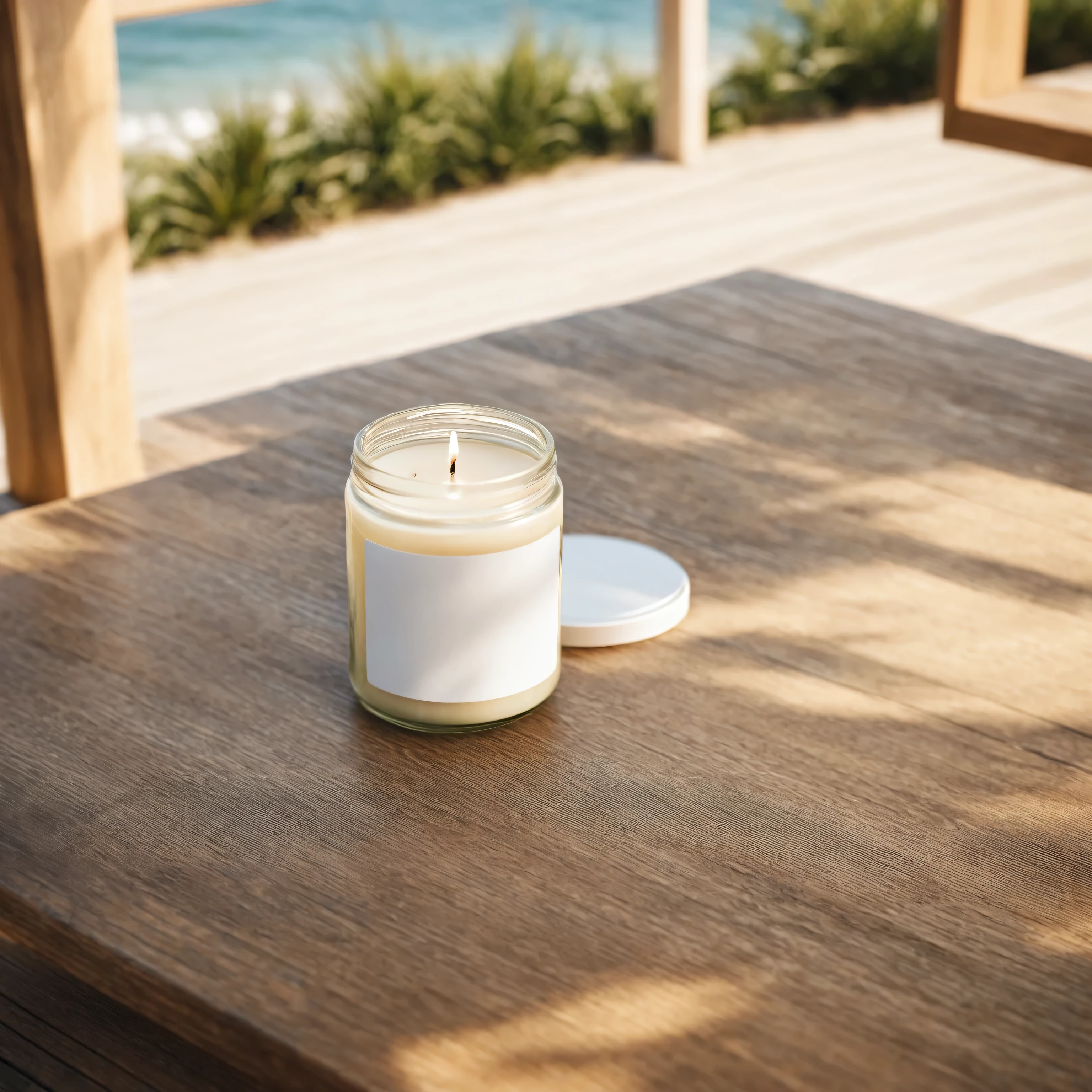 Mockup empty, a blank beige candle in a jar with white label and black lid standing on a wooden table in a sunny beachhouse, professional photo, shot on 50mm lens, sony a7 camera, daylight, shallow depth of field,